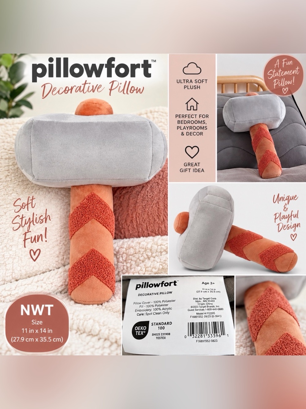 Pillowfort Superhero Hammer Plush Decorative Pillow NWT 11β x 14β